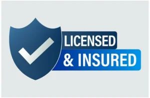Company logo graphic featuring a blue shield with a checkmark, emphasizing that the business is LICENSED & INSURED