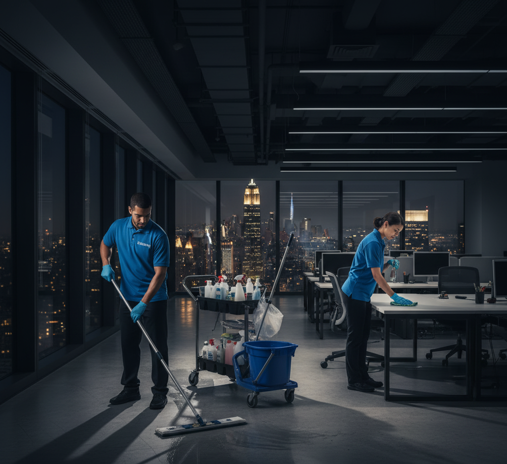 Two commercial cleaners mopping a large office space at night with the NYC skyline visible through the windows. Office deep cleaning service Manhattan