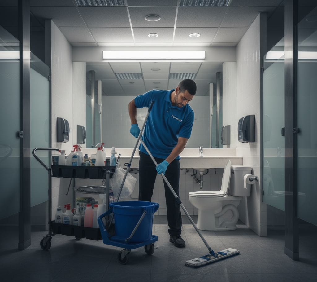 Office cleaning service specialist cleaning bathrooms in professional office in Manhattan