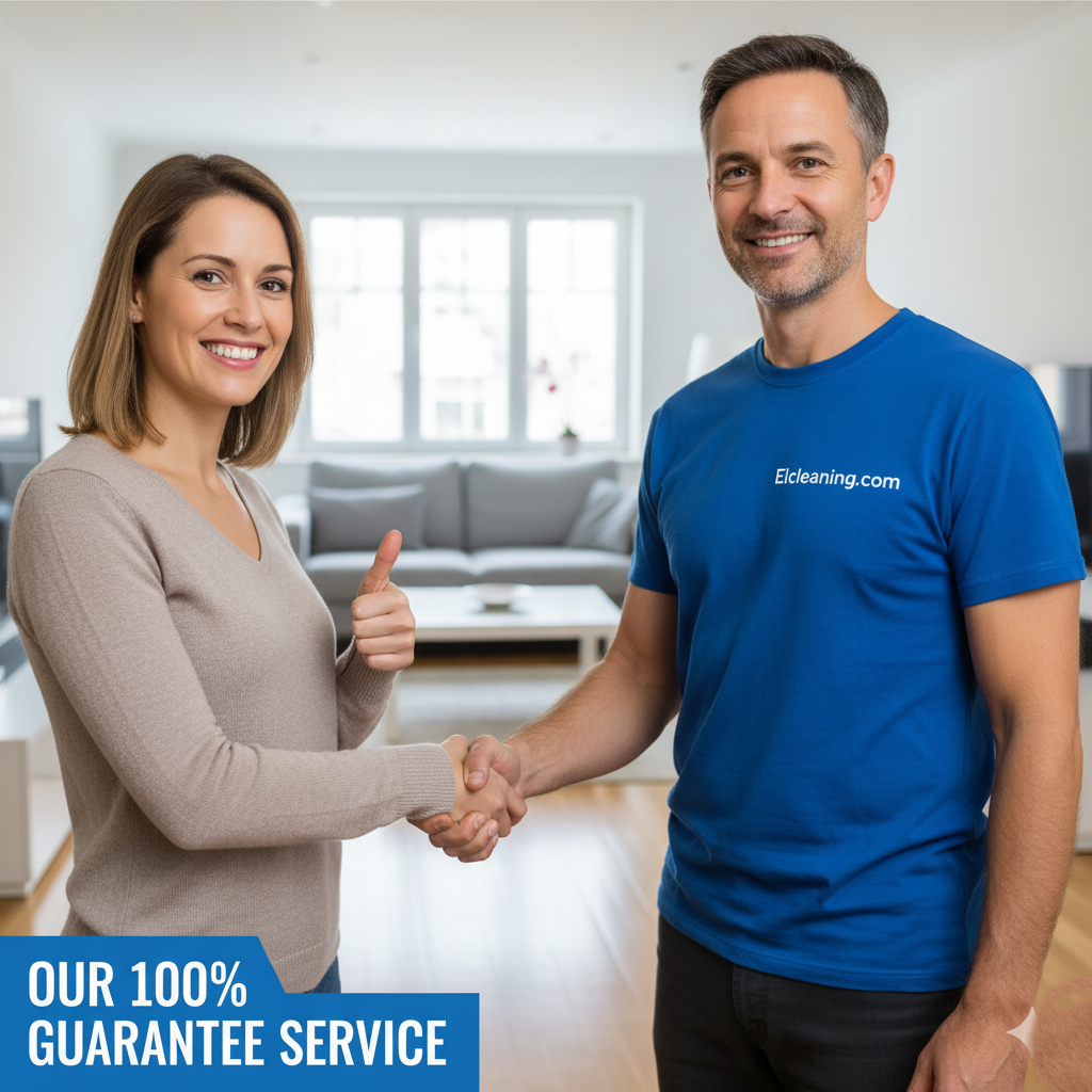 Satisfied female client shaking hands with a smiling male cleaning professional, symbolizing trust and guaranteed quality. Text overlay reads: OUR 100% GUARANTEE cleaning SERVICE