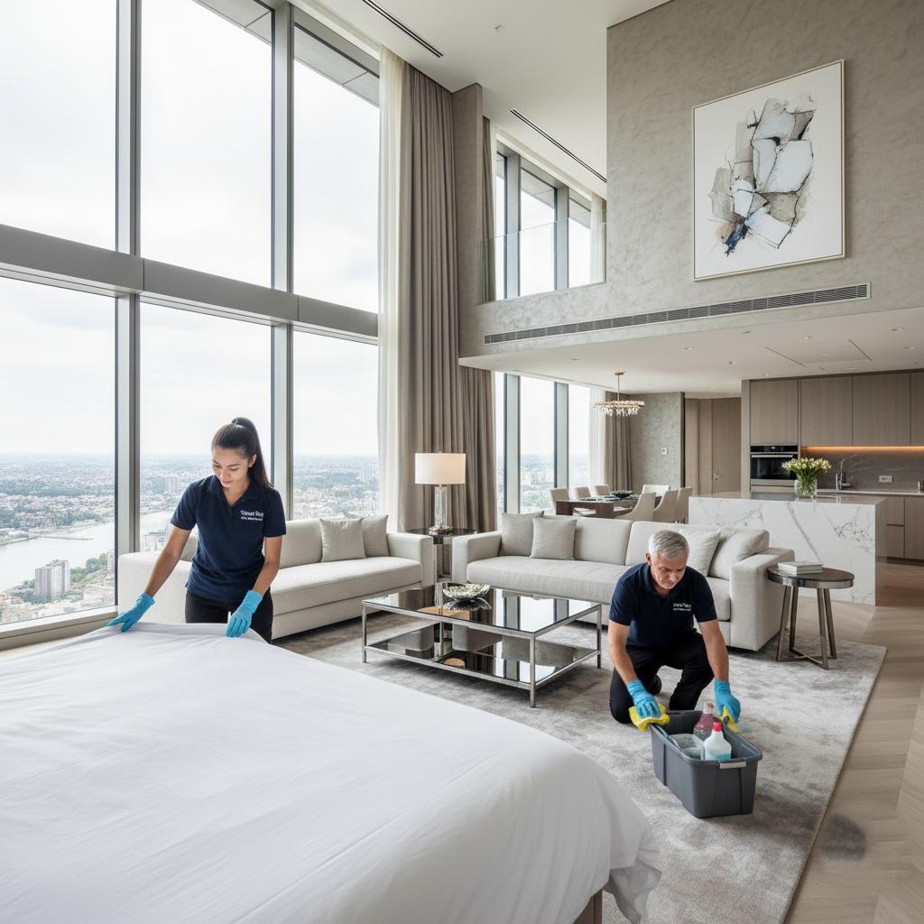 Two professional cleaners making a bed with fresh white linens and cleaning the floor in a pristine, high-end Airbnb apartment with panoramic Manhattan views.