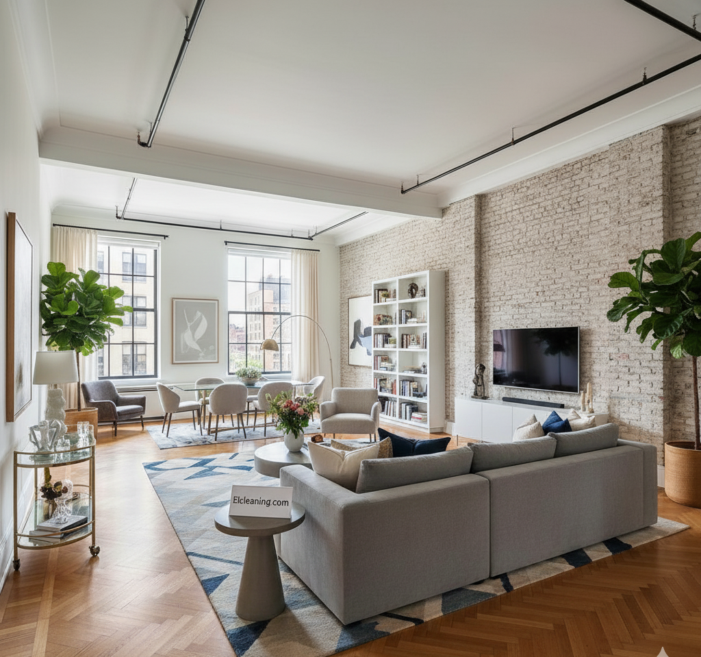 Spotlessly clean and luxurious Airbnb after deep cleaning or short-term rental living room with exposed brick walls, a gray sofa, and a modern dining area.