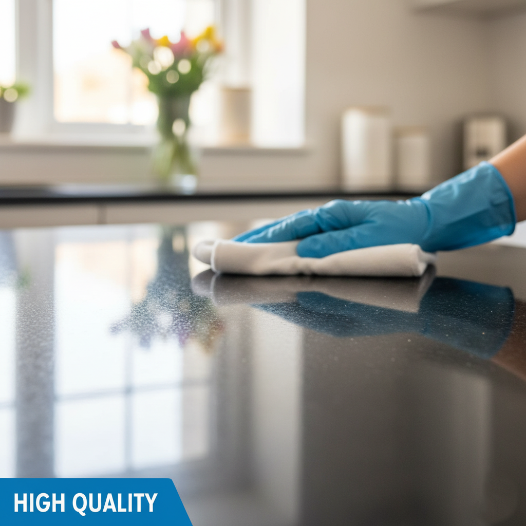 Close-up of a hand in a blue glove wiping a dark, polished countertop until it sparkles, emphasizing high quality of deep cleaning services . Text overlay reads: HIGH QUALITY.