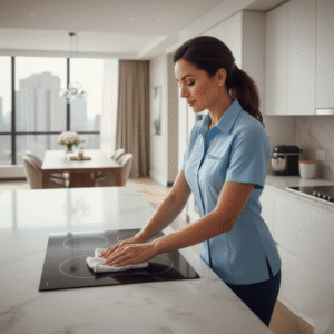 Professional housekeeper providing recurring housekeeping service in a luxury Manhattan high-rise kitchen