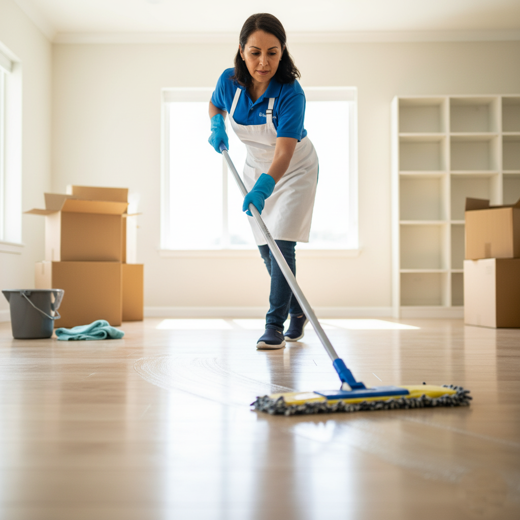 Move-in deep cleaning service employee mopping the floor of an empty house or apartment in Manhattan