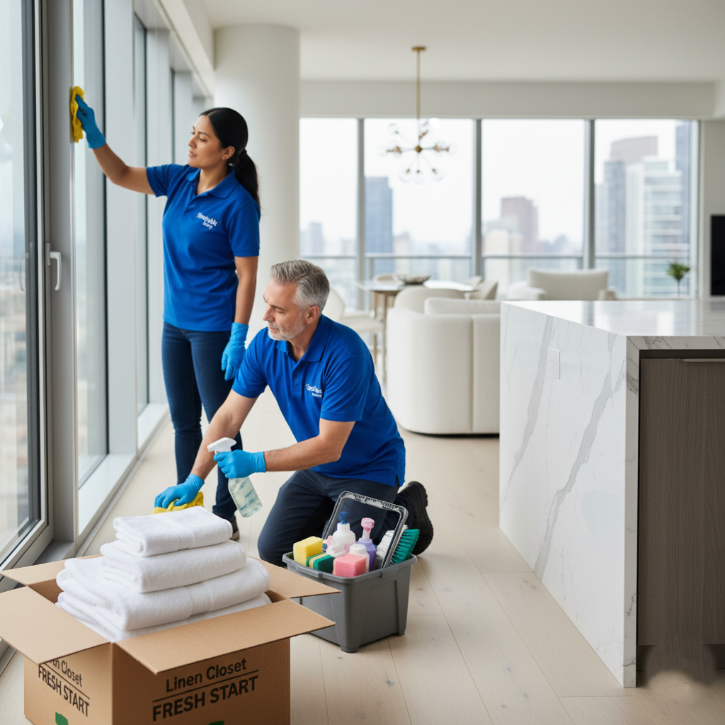 Two professional Elcleaning cleaners performing a move in deep cleaning service: one wiping a large window and the other cleaning the floor next to a box of fresh towels and supplies in NYC residential luxury apartment