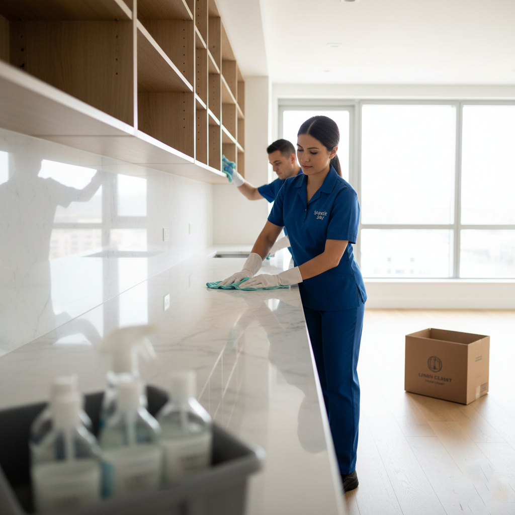 Two professional cleaners performing a move-out deep cleaning service, wiping down long kitchen counters and high shelving in a large, empty apartment or home.