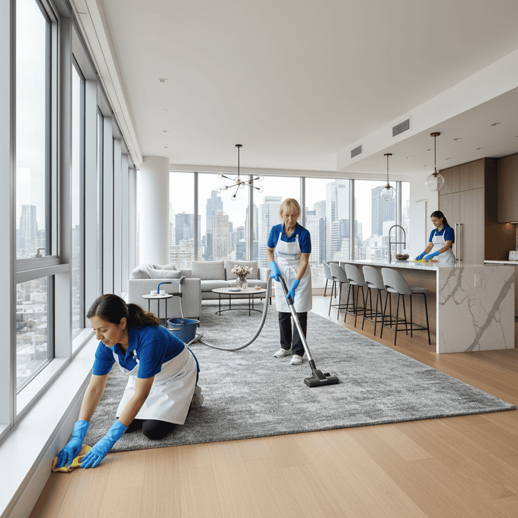 Residential luxury apartment deep cleaning service crew cleaning floors and vacuuming a luxury apartment in NYC