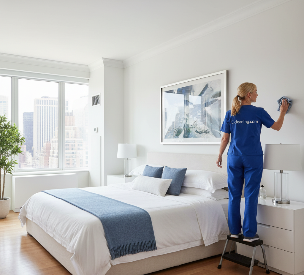 Airbnb deep cleaning specialist using a stepladder to dust or wipe a framed picture above a freshly made bed in a high-rise city apartment bedroom in NYC