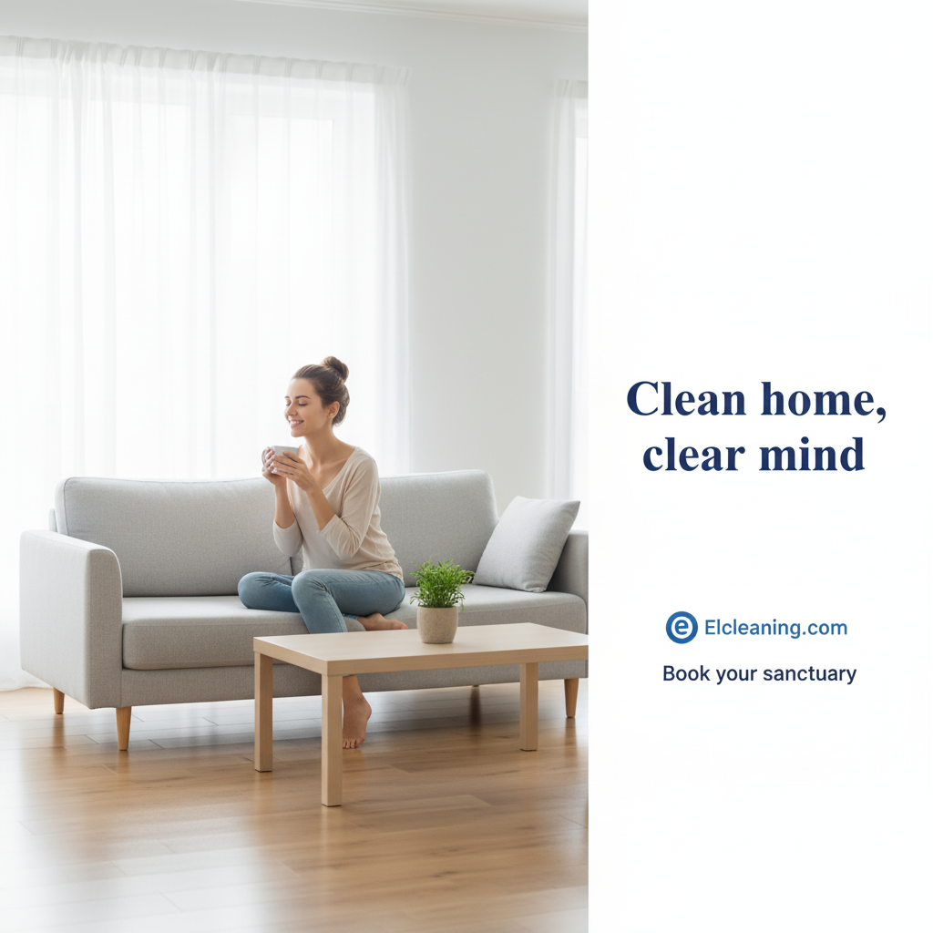 Woman sitting comfortably and relaxing on a minimalist sofa in a bright, clean living room in her luxury Manhattan apartment. Text overlay reads: Clean home, clear mind. Book your sanctuary.