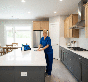 Professional private housekeeper organizing a luxury Manhattan kitchen.