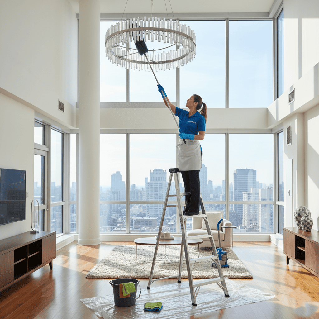 Cleaning maid is cleaning shndoleir in Manhattan luxury apartment. Deep cleaning apartment Manhattan