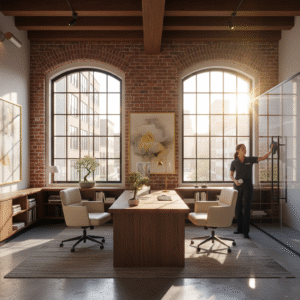 Elcleaning crew member is cleaning a boutique commercial office in Tribeca NYC