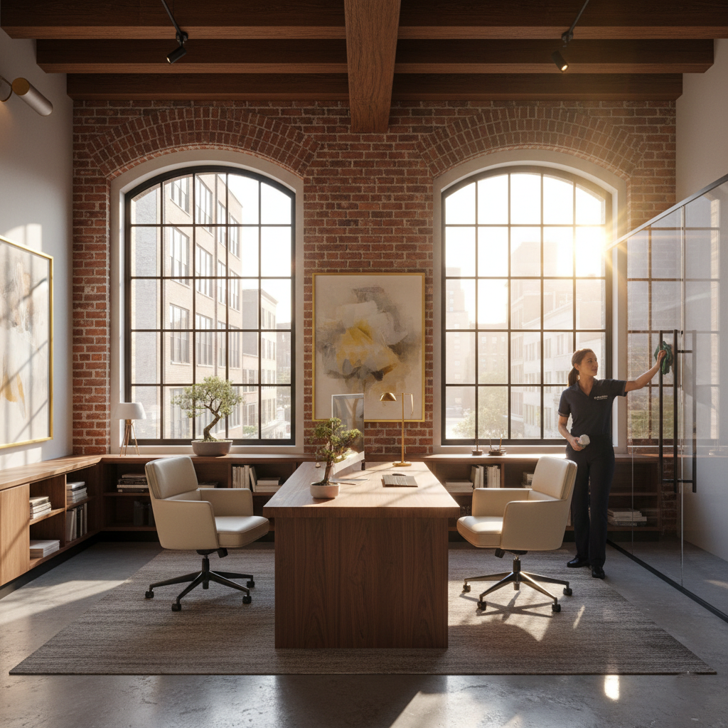 Elcleaning crew member is cleaning a boutique commercial office in Tribeca NYC