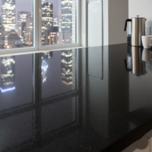 A high-resolution, aesthetically pleasing photo of a modern Manhattan office or luxury apartment interior. The surfaces are gleaming, and there is a clear view of the NYC skyline through spotless windows. This highlights your focus on high-end results for Commercial Property Cleaning Services.