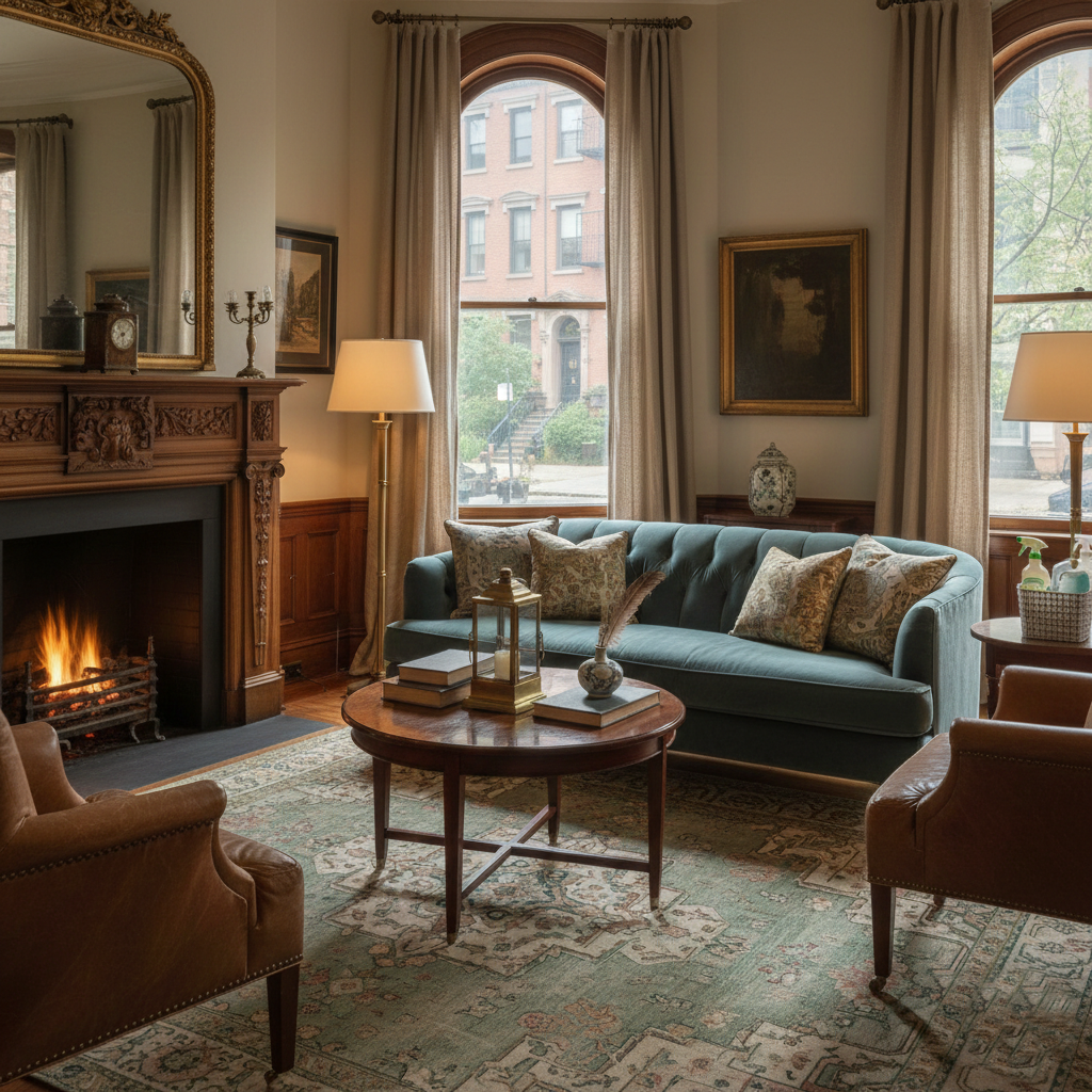 luxury Airbnb living room with fireplace and antic furniture reflects prime luxury deep cleaning service