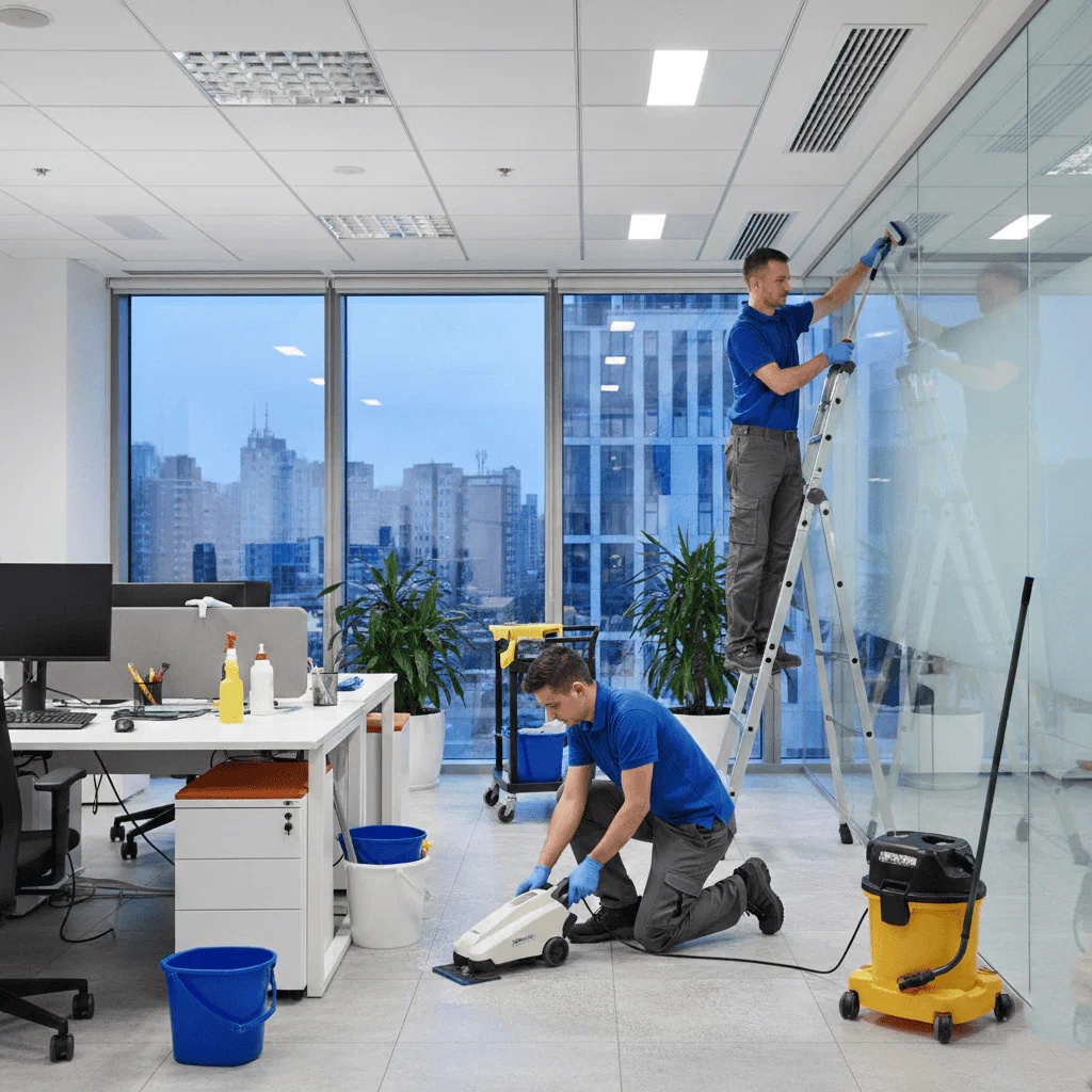 2 cleaning service team members from Elcleaning providing deep cleaning of the floors and glass walls in Professional Commercial Office Cleaning Manhattan , NYC