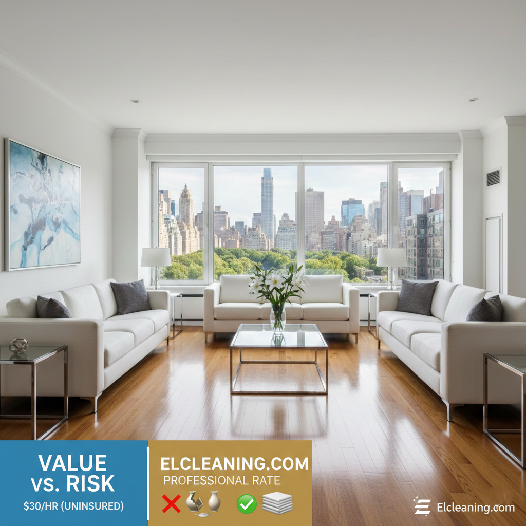 A high-end, bright, and airy luxury Manhattan apartment interior with large windows overlooking New York City buildings. The room is perfectly clean and organized, featuring modern furniture and marble surfaces. In the corner, a professional-grade cleaning caddy with eco-friendly supplies is neatly placed. The lighting is natural and soft, creating a sense of peace and premium quality. Photorealistic, 8k, professional interior photography style