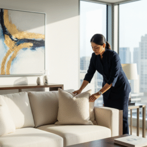 Bespoke Private housekeeper fixing a couch in Manhattan's apartment living room