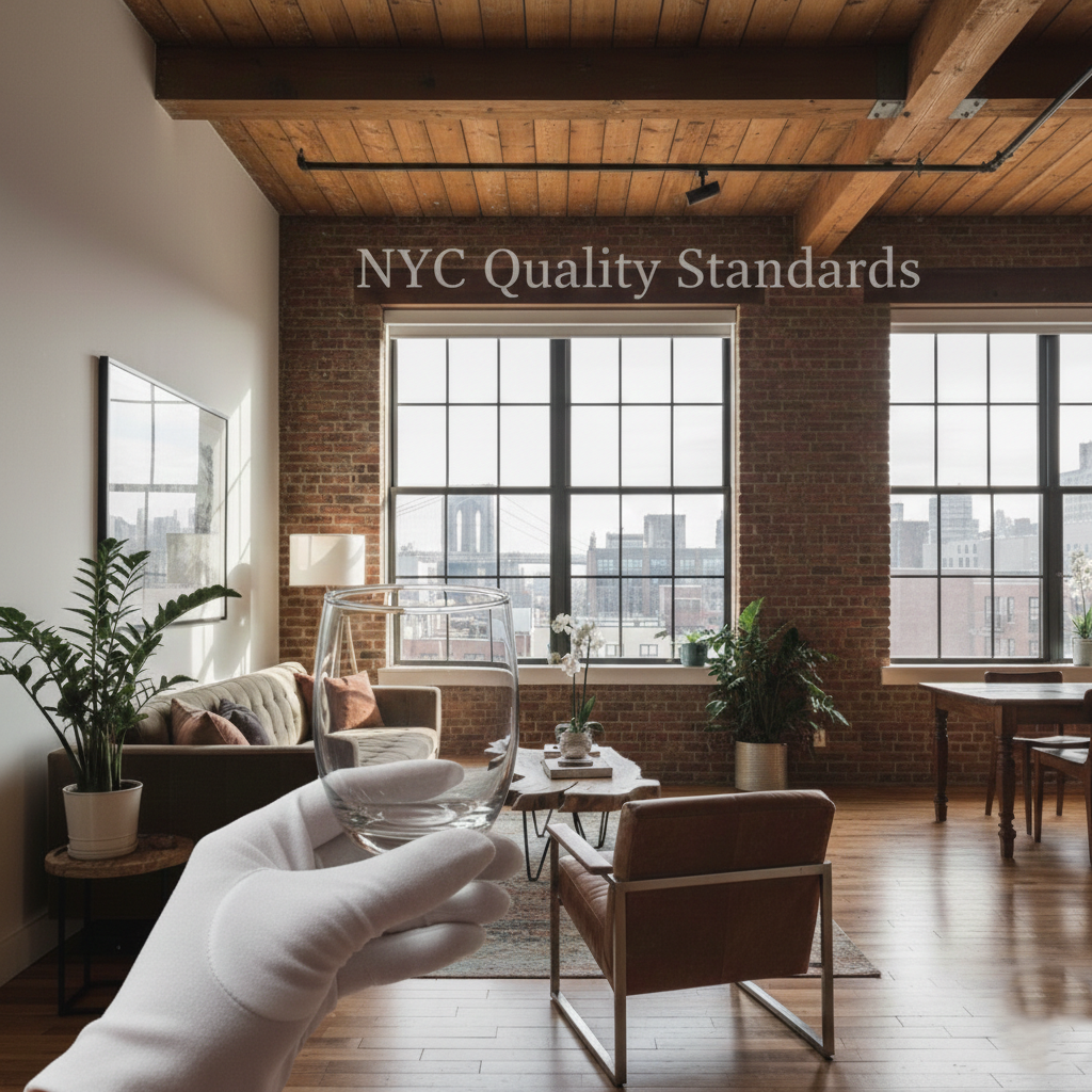 Luxury house cleaning NYC: A professional hand in a white glove holding a crystal-clear glass to the light in a high-end Manhattan loft with a view of the Brooklyn Bridge, representing NYC Quality Standards