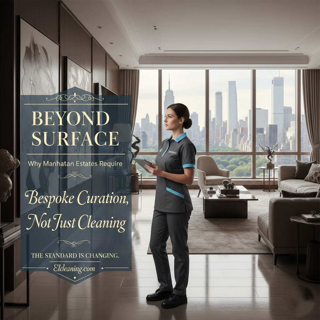 Professional household manager in a luxury Manhattan penthouse overlooking the NYC skyline, representing ELcleaning’s bespoke estate management and private housekeeping services for high-end residences.