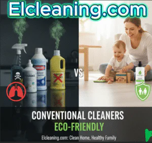 image divided by two half. on the left side chemical products and on the right side ,Manhattan's apartment living room. mother with child playing on the floor. They are using eco friendly cleaning products for cleaning apartment in NYC