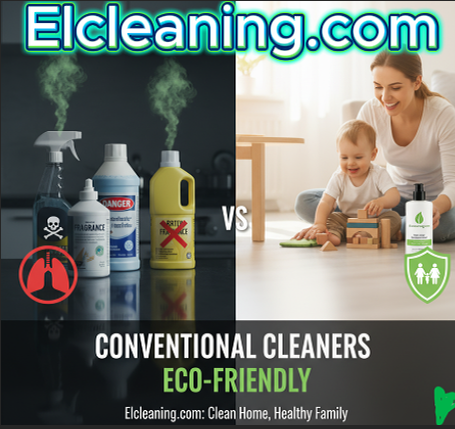 image divided by two half. on the left side chemical products and on the right side ,Manhattan's apartment living room. mother with child playing on the floor. They are using eco friendly cleaning products for cleaning apartment in NYC