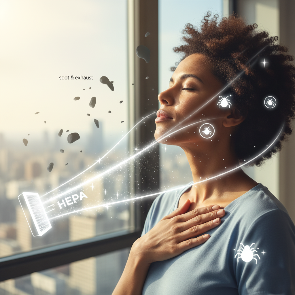 Woman breathing clean air in Manhattan apartment thanks to HEPA filtration.