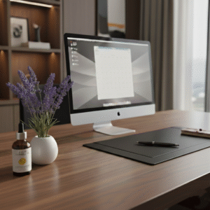 Modern bright Manhattan office desk with lemon and greenery, showcasing office productivity scent hacks for businesses in Midtown 10019 and FiDi.