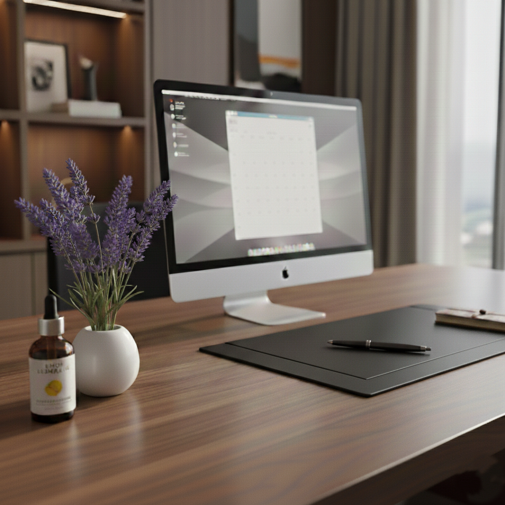 Modern bright Manhattan office desk with lemon and greenery, showcasing office productivity scent hacks for businesses in Midtown 10019 and FiDi.