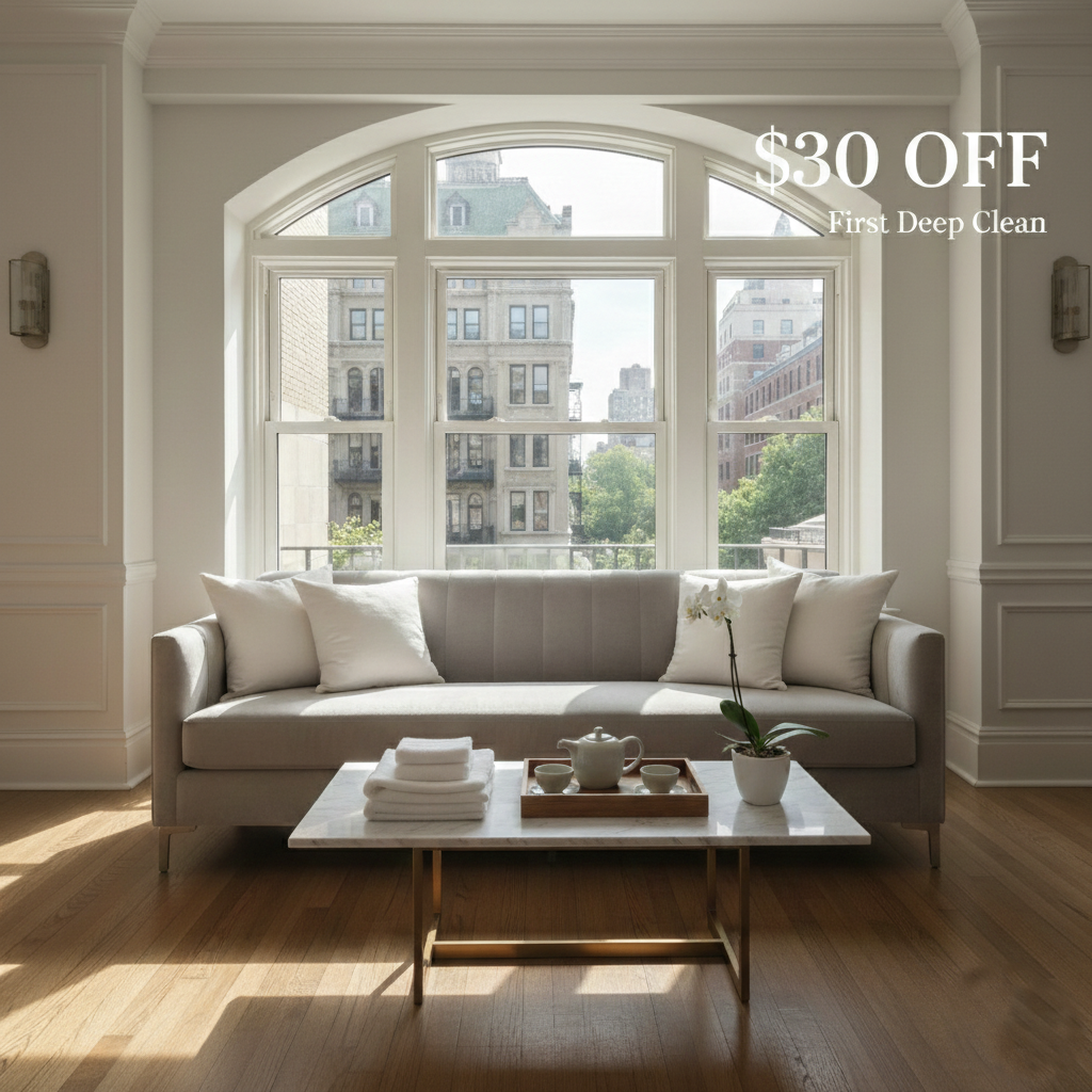 Luxury Upper West Side pre-war apartment living room featuring high ceilings, large arched windows with NYC city views, and a $30 off deep cleaning discount offer from EL Cleaning LLC.