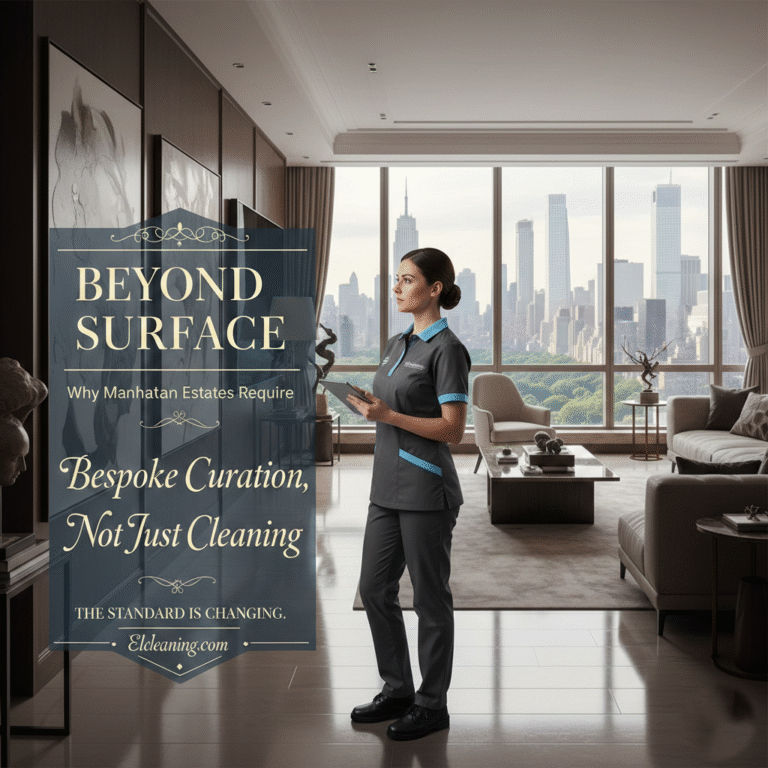 Professional household manager in a luxury Manhattan penthouse overlooking the NYC skyline, representing ELcleaning’s bespoke estate management and private housekeeping services for high-end residences.