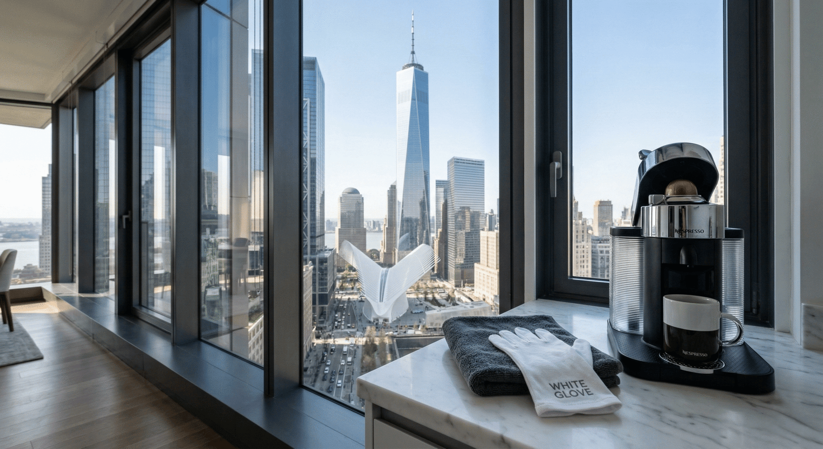 Interior view of a pristine FiDi high-rise apartment featuring a polished marble windowsill and floor-to-ceiling glass windows overlooking One World Trade Center.