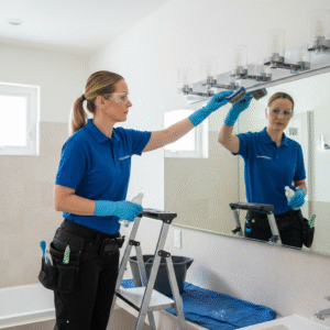 Deep sterilization of a luxury bathroom including grout scrubbing and mineral deposit removal from premium fixtures