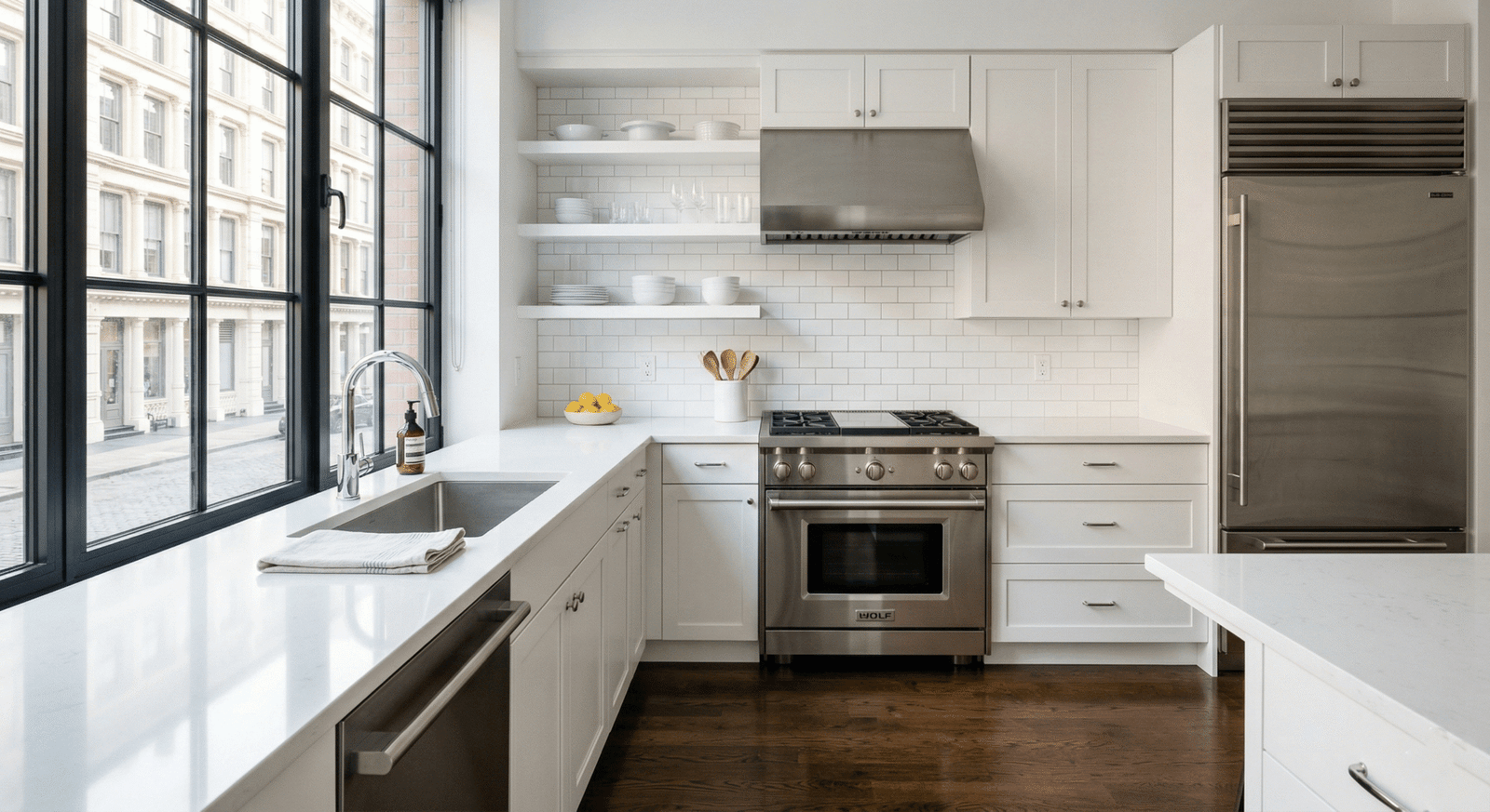 Luxury Tribeca loft kitchen after a hospitality-grade move out deep cleaning service.