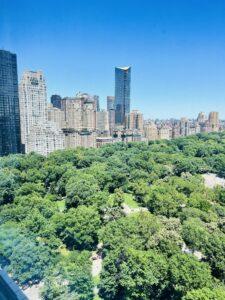 High-rise view of Central Park trees and Manhattan skyline on a sunny day, showcasing luxury residential cleaning service locations.