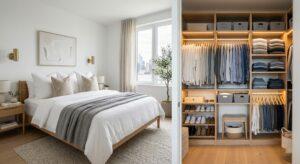 Boutique walk-in closet staging and luxury bedroom housekeeping in a Midtown Manhattan high-rise apartment