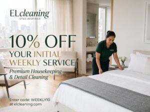ELcleaning promotional graphic offering 10% off initial weekly service. A professional housekeeper in a green uniform neatly styles a bed in a bright, modern luxury bedroom overlooking the Manhattan skyline